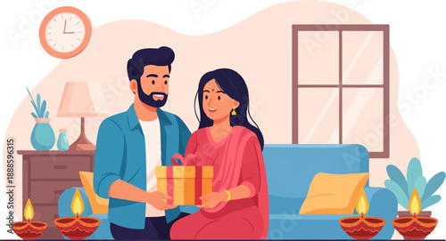 A man gives a gift to a woman in a living room with oil lamps