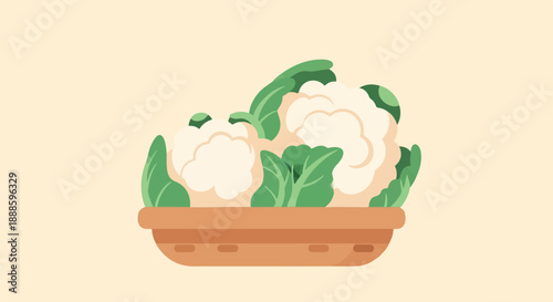 A simple, flat illustration of two cauliflowers in a terracotta bowl