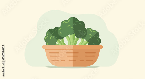 A simple flat design illustration of fresh broccoli in a woven basket