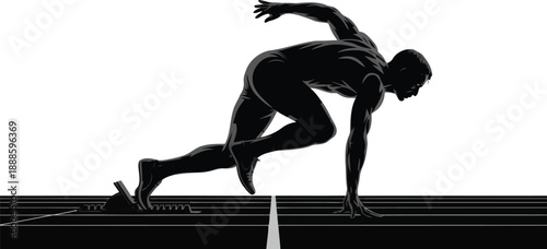 A powerful male sprinter crouches at the starting blocks on a running track