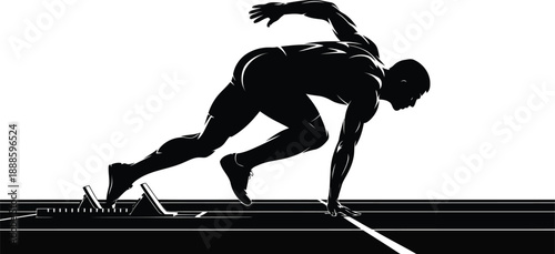 An athletic male sprinter sets off from starting blocks on a track