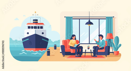 A ship approaches a dock while two people relax indoors by a window