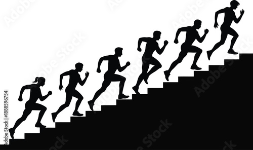 Black silhouettes of male and female runners ascending a long flight of stairs on a white backdrop