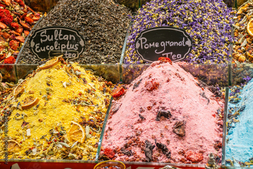 Colorful dried herbal tea with pomegranate at Turkish market, Grand Bazaar  Istanbul, Turkey