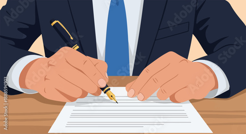 A person in a suit and tie signs a document with a fountain pen