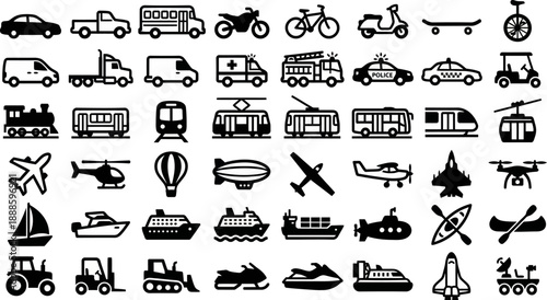 Transportation vehicle icon set, featuring vector glyph pictograms of travel, transit, public transport, car, bus, train, bicycle, boat, airplane silhouette illustration, logistics, commute, cargo 