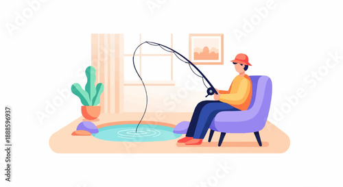 A person fishes indoors in a minimalist room with a plant