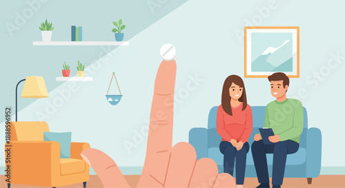 A person holds a pill, a couple sits on a couch in a room