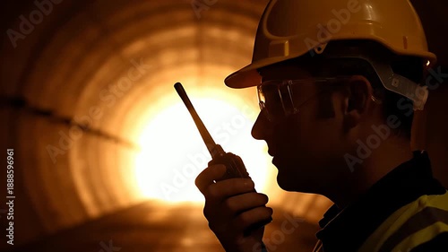 Construction foreman in hard hat and safety glasses communicates urgently using a handheld two-way radio inside a brightly lit tunnel structure.