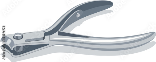 A metallic nail clipper with a sharp cutting edge and curved handles