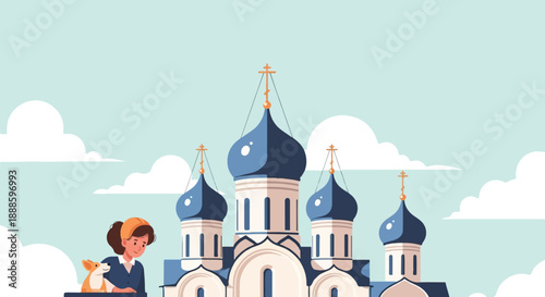 A person and pet observe a grand, multi-domed building under a cloudy sky