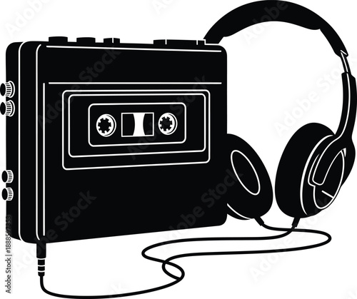 Isolated digital mp3 player with headphones and vintage film camera equipment featuring a classic black lens and retro shutter icon on a white background