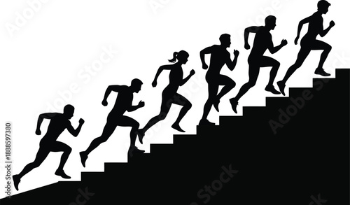 People run uphill on a flight of stairs in black and white silhouette illustration