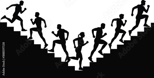 Several athletes run up and down a V shaped staircase in striking black and white