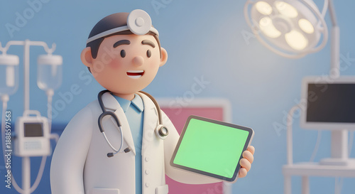 3D Cartoon Doctor Holding Green Screen Tablet in Hospital Setting for Telemedicine