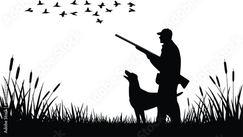 Silhouette of a hunter and his hunting dog poised in tall reeds watching birds soaring across the bright sky
