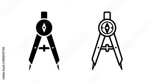 Drafting Compass and Compass Rose Icons, Black and White for Geometry