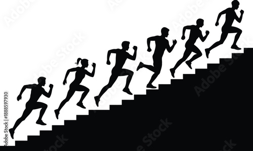 Silhouettes of seven athletes, including one female, running with effort up a diagonal flight of stairs