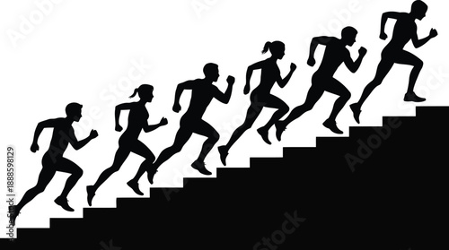 Silhouettes of six athletes, including one female, running upwards on a diagonal flight of stairs