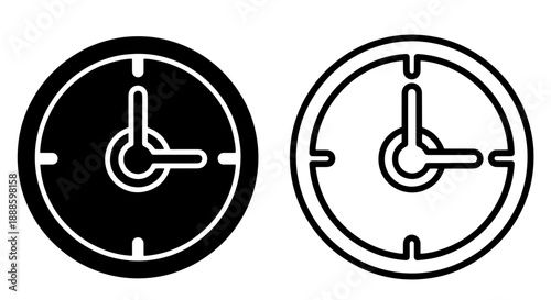 Simple clock icons, one solid black and one outline, representing time and punctuality.