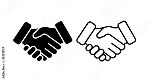 Business handshake icons, solid and outline, representing agreement, partnership, and trust.