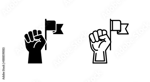 Fist with flag icons, solid black and outline, representing protest, victory, and leadership.