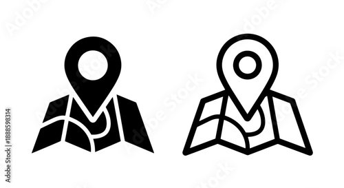 Two icons of a map pin on a folded map, one solid black and one outline, representing location. Vector.