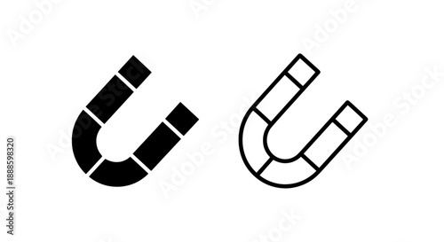 Two icons of a horseshoe magnet, one solid black and one outline, with segmented poles. Vector.