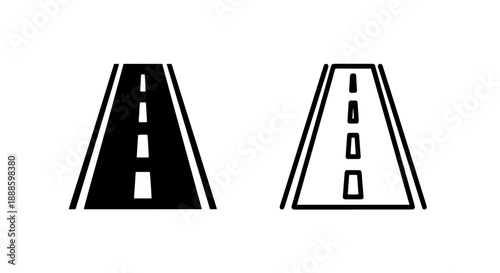 Two icons of a str.aight highway or road, one solid black and one outline, with lane markings. Vector.
