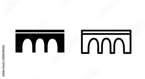Two icons of a simple arch bridge, one solid black and one outline, on white background. Vector.