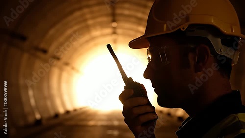 Construction worker in a bright tunnel environment communicates using a handheld two-way radio device for essential site safety coordination and management.
