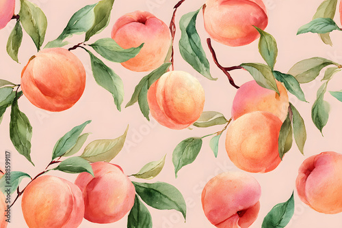 Peach fruit design with leaves and branches on a light background for decorative purposes
