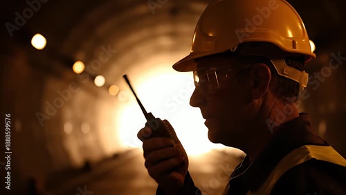 Construction site foreman wearing protective yellow hard hat and safety glasses communicates crucial instructions using a handheld two-way radio device.