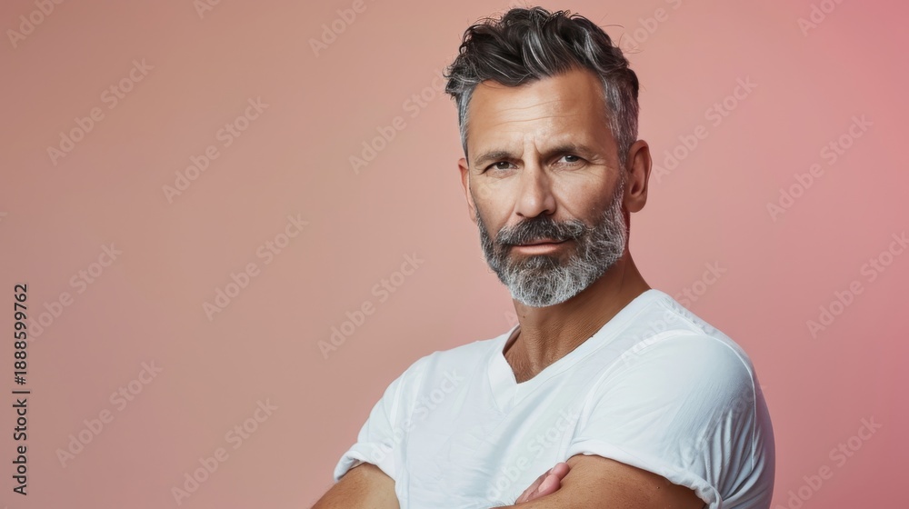 Obraz premium Photo of an attractive male model for advertising anti-aging treatments, on a pastel background, beauty photography