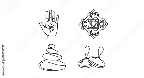 Line art illustrations showcasing elements of spirituality, including a palm reading hand, an intricate geometric design, stacked stones, and meditation cushions, all rendered in a clean, minimalist