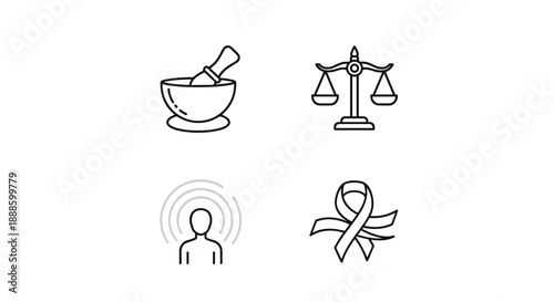 A set of simple, black and white line art icons representing legal, medical, and health-related concepts, perfect for use in design or educational materials.