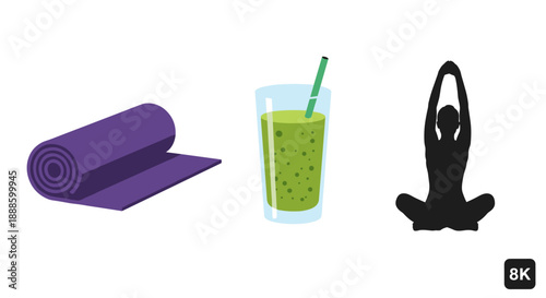 A rolled purple yoga mat, a glass of green smoothie, and a silhouette of a person in a yoga pose, representing health, wellness, and fitness, all depicted with a clean, vector graphic style.