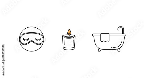 A serene illustration featuring a sleep mask, a lit candle, and a bathtub, representing relaxation, self-care, and the concept of unwinding in a calming environment.