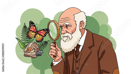 Curious old man in brown suit examining butterfly and plants with magnifying glass closely natural green background