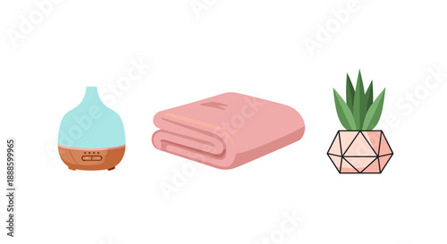 A serene illustration presents a minimalist spa scene featuring an essential oil diffuser, a folded pink towel, and a potted succulent, perfect for relaxation and wellness.