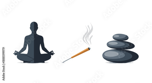 A vector illustration depicts a meditating figure, incense stick, and stacked stones, symbolizing peace, relaxation, and mindfulness against a clean white background.