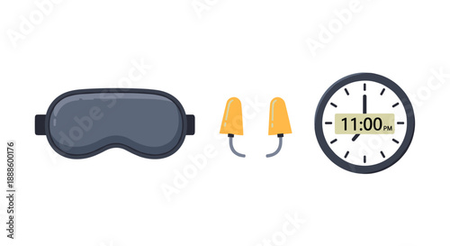 A flat lay illustration depicts sleep accessories including a sleep mask, earplugs, and a clock displaying the time, perfect for concepts about relaxation and rest.