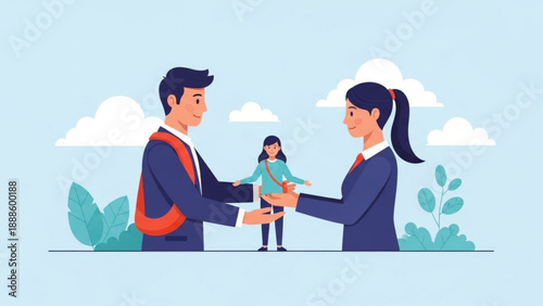 Business colleagues exchanging documents with a child in a serene outdoor setting with blue sky and clouds