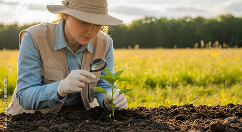 Agricultural Scientist Examining Young Plant Sprout with Magnifying Glass in a Field