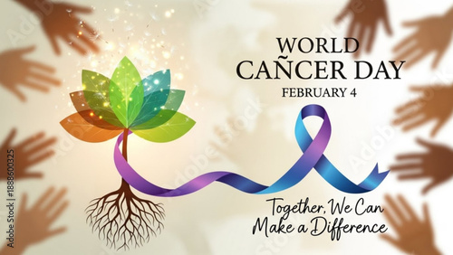 World cancer day awareness poster with hands ribbon and growing plant symbolizing hope and unity