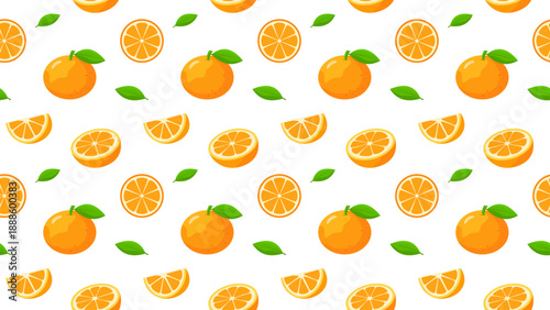 Seamless pattern featuring whole oranges, orange slices, orange wedges, and green leaves on a white background. Fresh flat illustration style, ideal for fruit and summer-themed designs