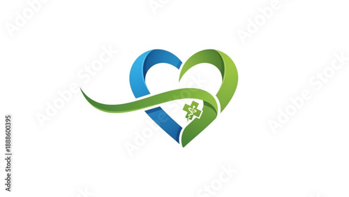 Intertwined blue and green heart symbol with shamrock on white background representing love and ireland