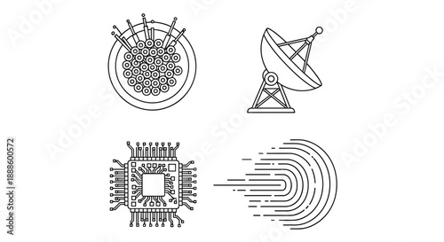 A collection of line art illustrations featuring a satellite dish, a computer chip, a bundle of data lines, and a radiating signal, suitable for technology and communication concepts.