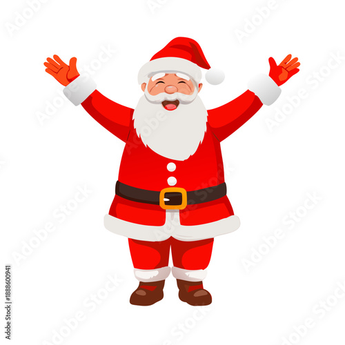 Cartoon illustration of a smiling Santa Claus wearing a red costume and hat, carrying a gift and a heavy bag of presents for the merry Christmas holiday season