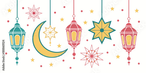 Islamic Ramadan Celebration Vector Illustration with Lanterns and Moon